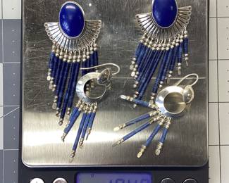 STERLING SOUTHWESTERN AZURITE, LAPIS EARRINGS LOT THESE STERLING SILVER EARRING LOT FEATURES AZURITE AND LAPIS. THE LARGE PAIR WITH AZURITE IS STAMPED QT. RESEARCH SHOWS THESE ARE BY QUOC TURQUOISE INC. TOTAL COMBINED WEIGHT IS 19.48 GRAMS