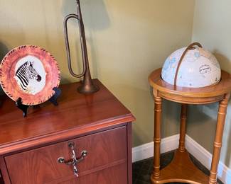 World globe and trumpet lamp. Both work.