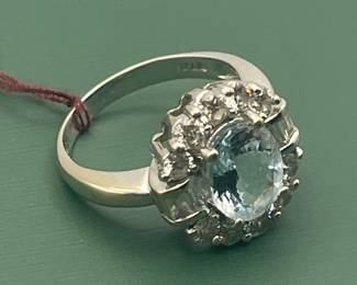 1950's 18 kt white gold ring featuring a 2.5 carat topaz center stone and 2 carats of diamond accents - size 7.5