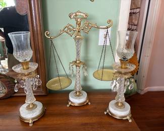 This is a vintage brass and marble scales of justice decoration with crystal prisms. 
