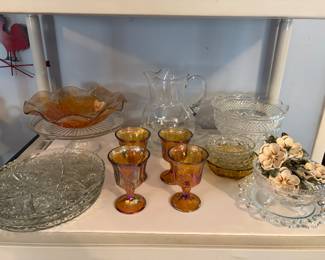  Vintage Indiana Glass Harvest Grape goblets in an iridescent amber or gold carnival glass finish.  Crystal serving plates, bowls and more.