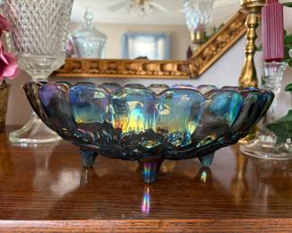 This is a vintage Indiana Carnival Glass Harvest Grape iridescent blue oval footed bowl. 
