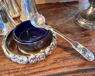 Sterling spoon & Sterling Blue Colbalt salt cup