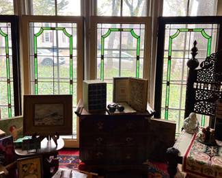 2 Pairs of stain glass windows - painted white on one side and wood tone on the other