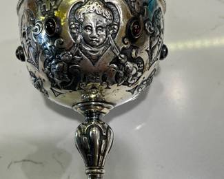 Antique German silver wedding goblet w/red gem stones 5" tall - side 3