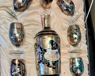 Bischoff Brandy decanter w/silver overlay and box