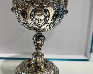 Antique German silver wedding goblet w/red gem stones 5" tall - side 1