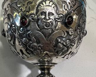 Antique German silver wedding goblet w/red gem stones 5" tall - side 4