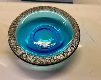 Blue glass bowl w/silver plate rim 