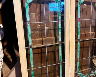 2 Pairs of stain glass windows - painted white on one side and wood tone on the other