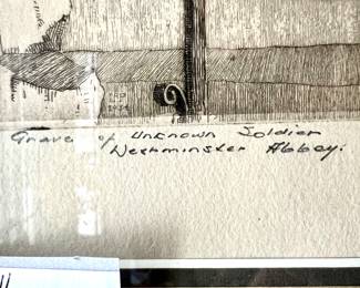 1934 Original etching "Grave of Unknown Soldier" -Westminster Abbey - by Linconi Proscastast 