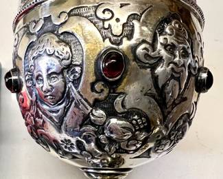 Antique German silver wedding goblet w/red gem stones 5" tall - side 1
