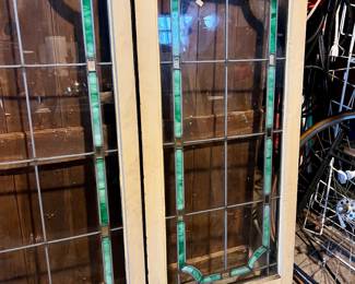 2 Pairs of stain glass windows - painted white on one side and wood tone on the other