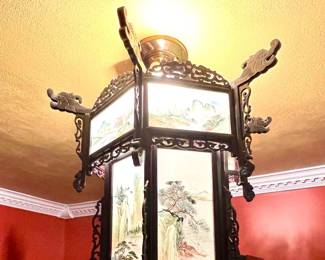 Vtg. Chinese carved wood hanging lantern/light w/reverse-painted panels 