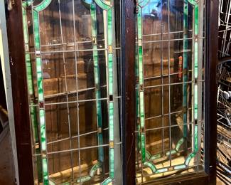 2 Pairs of stain glass windows - painted white on one side and wood tone on the other