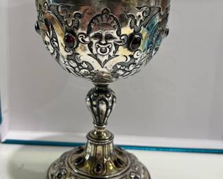Antique German silver wedding goblet w/red gem stones 5" tall - side 2