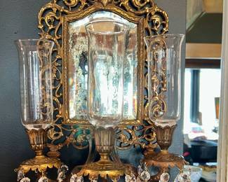Stunning Brass ornate mirrored wall sconce w/crystals