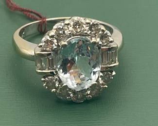 1950's 18 kt white gold ring featuring a 2.5 carat topaz center stone and 2 carats of diamond accents - size 7.5