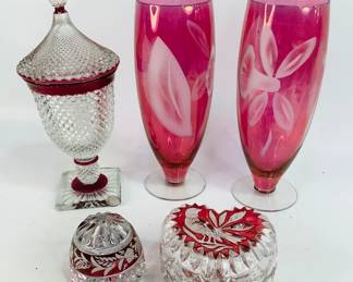Vintage Cranberry Glass Vases, Hofbauer Byrdes Crystal Trinket Dish, Art Glass Paperweight & Glass Diamond Point Candy Dish
