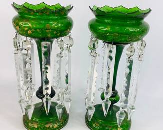 Pair of Vintage Green Glass Centerpieces with Crystal Prisms