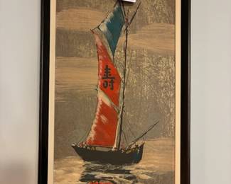 Chinese Red Sailboat Painting 