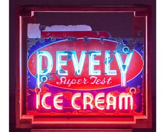Vintage Pevely Super Test Ice Cream (Pevely Dairy Co., founded 1852, now called Pevely Farms) single-sided porcelain sign, circa 1930s-50s, with modern red and blue neon tubing, and sheet metal casing, with wooden crate

height 29 in. x width 36 in. x depth 9 in. 