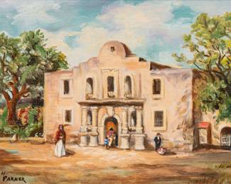 Henry Ray Parker  (Houston, Texas, 20th C.), "The Alamo",  oil on canvas board, signed lower left