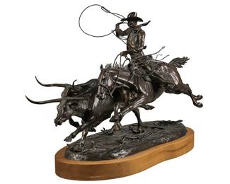 Jim Stuckenberg (Missouri, b. 1953), "A Day in Cowboy's Life", artist-cast bronze sculpture on wooden base, ed. 12/45, dated 2006