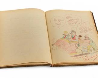 Ringling Bros. Mansion Guest Book, 1939-1944 from the Charles Ringling Mansion in Sarasota Florida, with signatures and poems by notable guests including clown cartoon by cartoonist Frank Willard – cartoonist of Moon Mullins