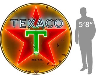 Monumental vintage single-sided porcelain Texaco sign circa mid-20th century, with later red, yellow, green, and white neon tubing

height 74 in. x width 74 in. x depth 8.5 in. 