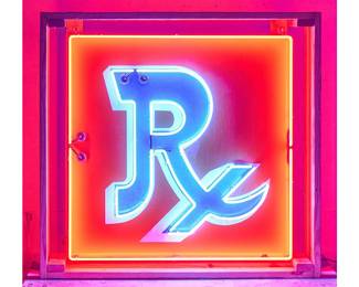 Large RX pharmacy neon sign, with a blue neon 'RX' symbol against a red and orange background, circa 20th century, includes wooden shipping frame

height 46 in. x widfh 46 in. x depth 8.5 in.