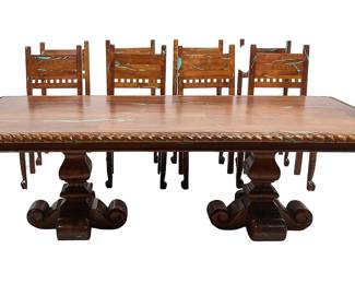 Turquoise and Mesquite Dining Table with (8) Chairs