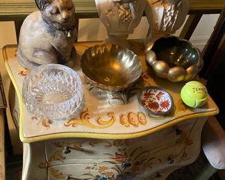 Painted Console/Brass Planters and Bowl