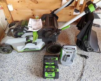 Ego battery powered mower with two batteries.