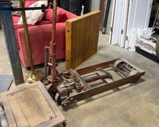 Vintage industrial pallet jack, scales butcher blocks.