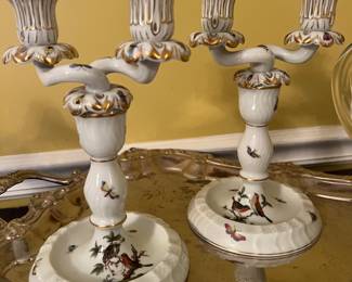 Pair Herend Rothschild Bird 9” 2 arm candle holders