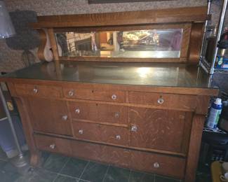 Antique Tiger Oak SideboardBuffet with Mirrored Backsplash