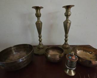 Brass Set Singing Bowls Candlesticks and Prayer Wheel