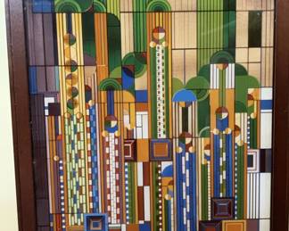 Frank Lloyd Wright Saguaro Forms and Cactus Flowers Framed Stained Glass Panel