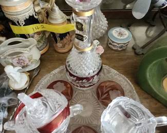 Ruby Red Decanter sugar bowl cream pitcher and plate