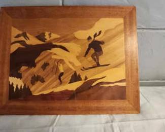 Wood Inlay Marquetry Skiers