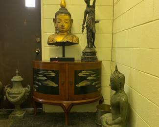 Bronze figures, demilune cabinet