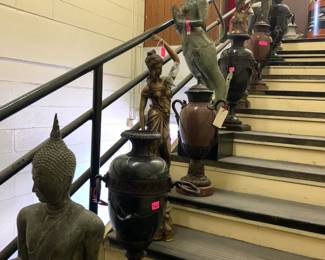 Bronze figures, marble urns