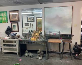 Mirrored chest, mirrored desk, framed art, mirror, decor