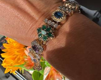 #120 - Victorian style slider bracelet. 14kt gold. 44.6 grs. 3 slides are 10kt gold the rest 14kt gold including setting. 7 3/4 " L. 