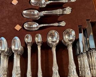 Tiffany sterling Flatware set in Tiffany custom made mahogany campaign chest - Details to come - Off location. 427 pieces total - 389 Troy oz approx - this weight doesnt count for the knifes & serving pieces with stainless steel blades. 