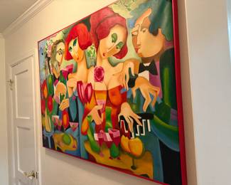 #98- $600 Painting bought in Romania 2 ladies at bar, in center man with 2 heads playing the piano – signed. 