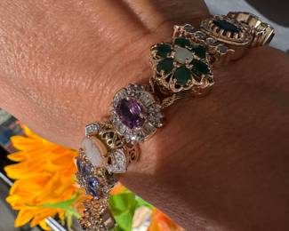 #120 - Victorian style slider bracelet. 14kt gold. 44.6 grs. 3 slides are 10kt gold the rest 14kt gold including setting. 7 3/4 " L. 