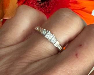 #105- $350 - 1/2 ctw princess 3 stone ring 14kt, 3.6 grs. size 6. 
