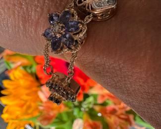 #120 - Victorian style slider bracelet. 14kt gold. 44.6 grs. 3 slides are 10kt gold the rest 14kt gold including setting. 7 3/4 " L. 